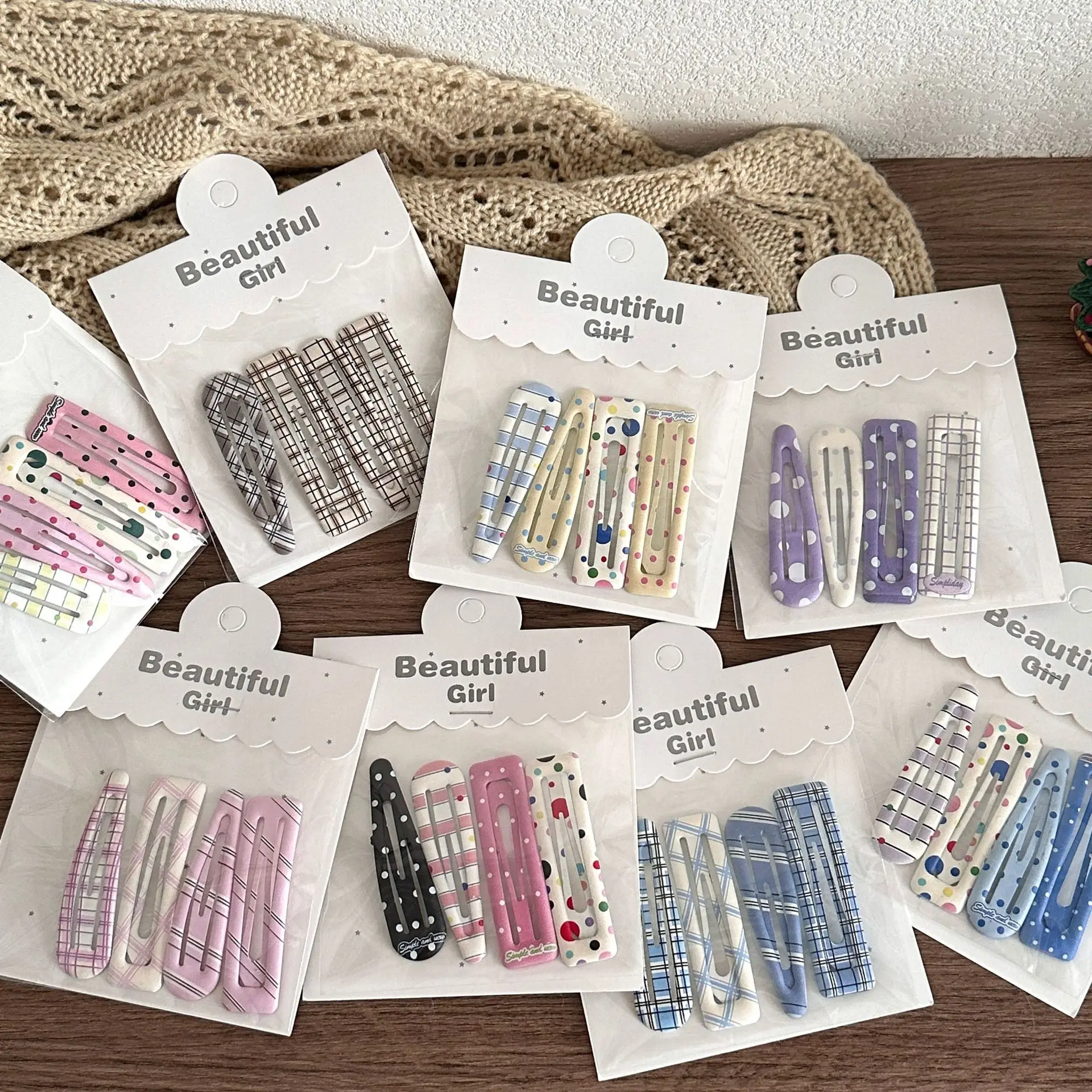 

4 шт. модных заколок для волос в форме капли с принтом в клетку и горошек, матовые заколки из сплава для девочек, 6 см, заколки-зажимы конфетных цветов, милые аксессуары для волос