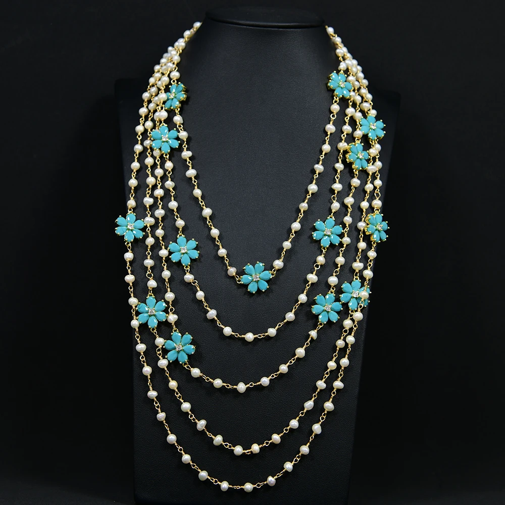 

G-G 5 Rows Natural White Pearl Chain Necklace Gold Plated Blue Jade Crystal Pave Flower Connector Fashionable Jewelry