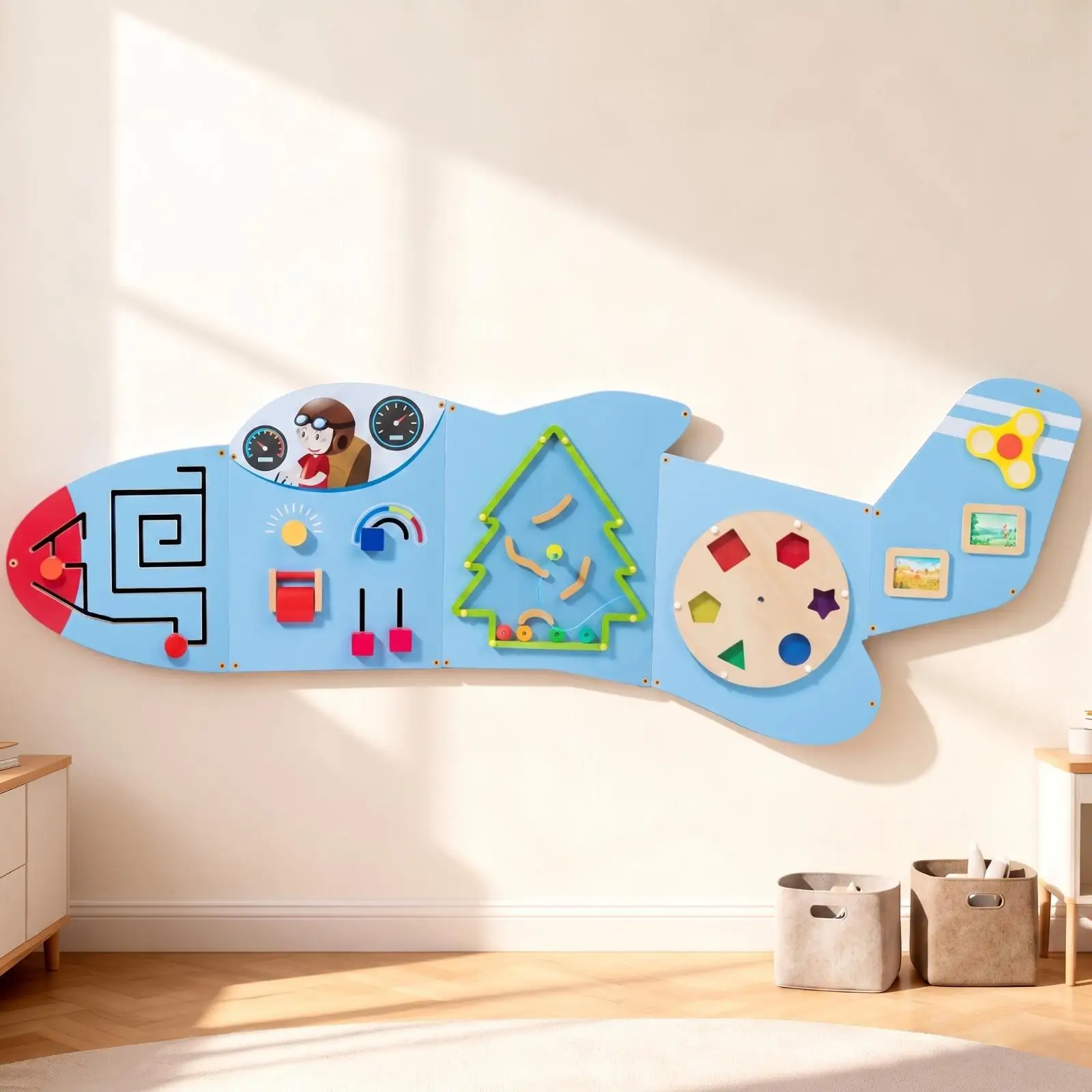 Interactive Airplane Busy Board | Space-Saving Wall-Mounted Design, Wooden Activity Board, for Playroom