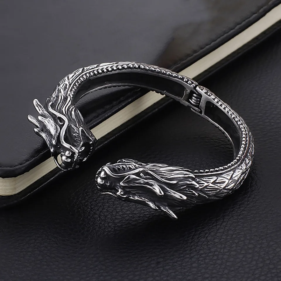 

New Vintage Double Dragon Head Bracelets For Men Punk Hip Hop Biker 316L Stainless Steel Vikings Animal Bracelet Amulet Jewelry