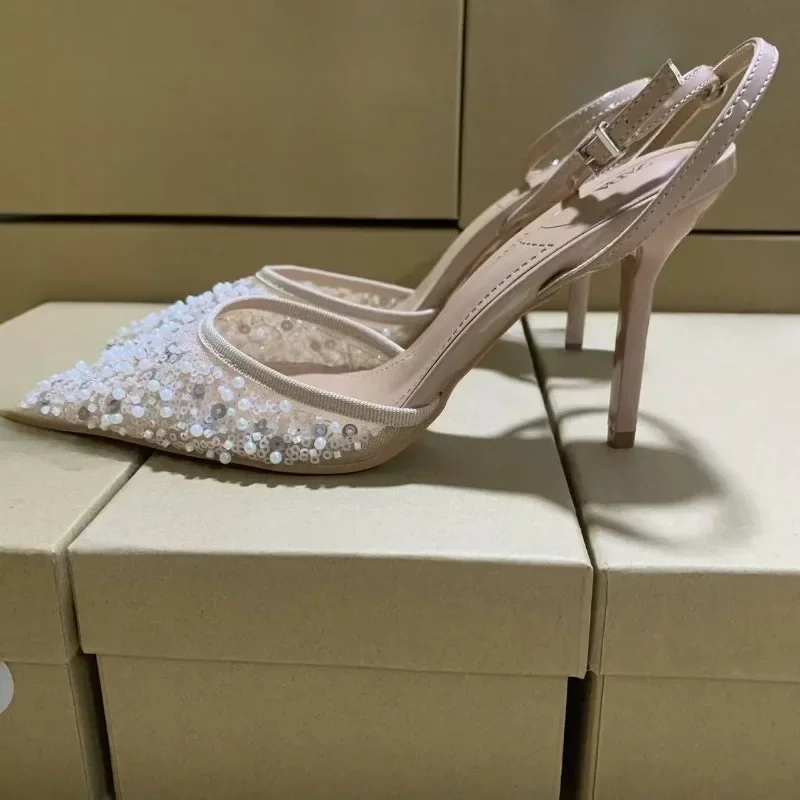 Дизайнерские летние сандалии на высоком каблуке для женщин, блестящие блестки, жемчужная сетка, элегантные вечерние свадебные туфли на шпильке с ремешком на щиколотке