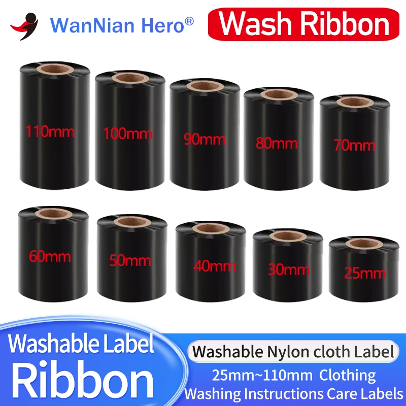 300m 1roll Wash Ribbon Washable Thermal Transfer Ribbon 25mm 30 40 50 60 70 110mm 300m Wash Care Washable for Satin/Nylon Label