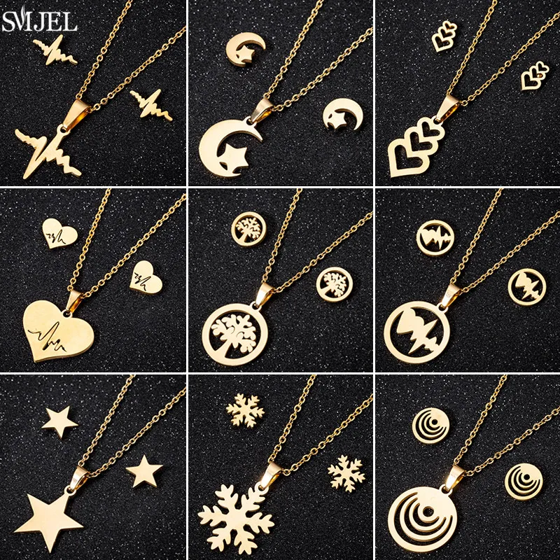 Klassische Herzschlag-Halskette, Ohrringe für Damen, modisch, Stern, Mond, Edelstahl, Schmucksets, Schneeflocken-Ohrstecker, Weihnachtsgeschenke