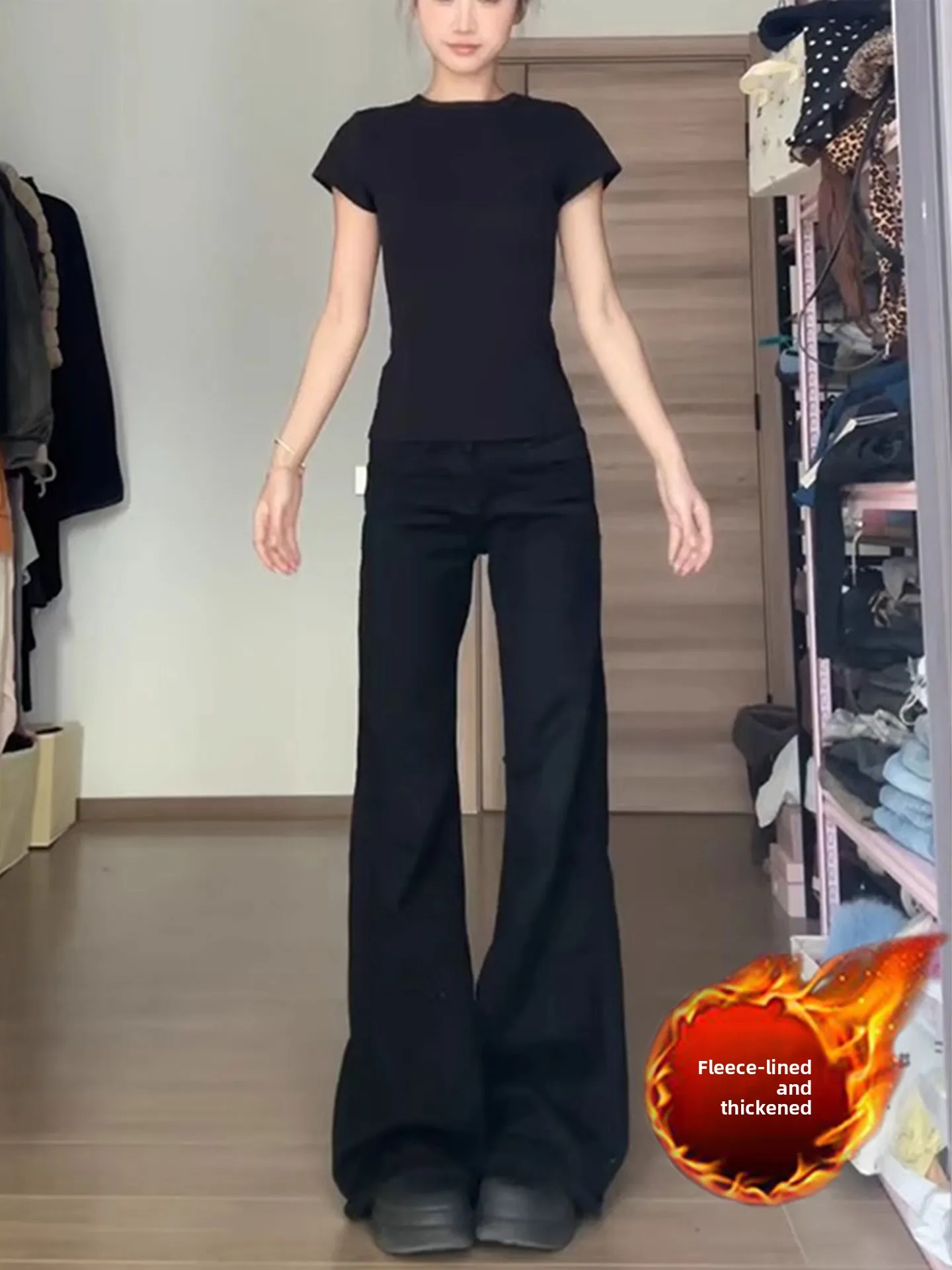 

Женские джинсы Slim Fit Flared с высокой талией, утепленные, из денима, для повседневной носки, осенне-зимняя мода, премиум-класс