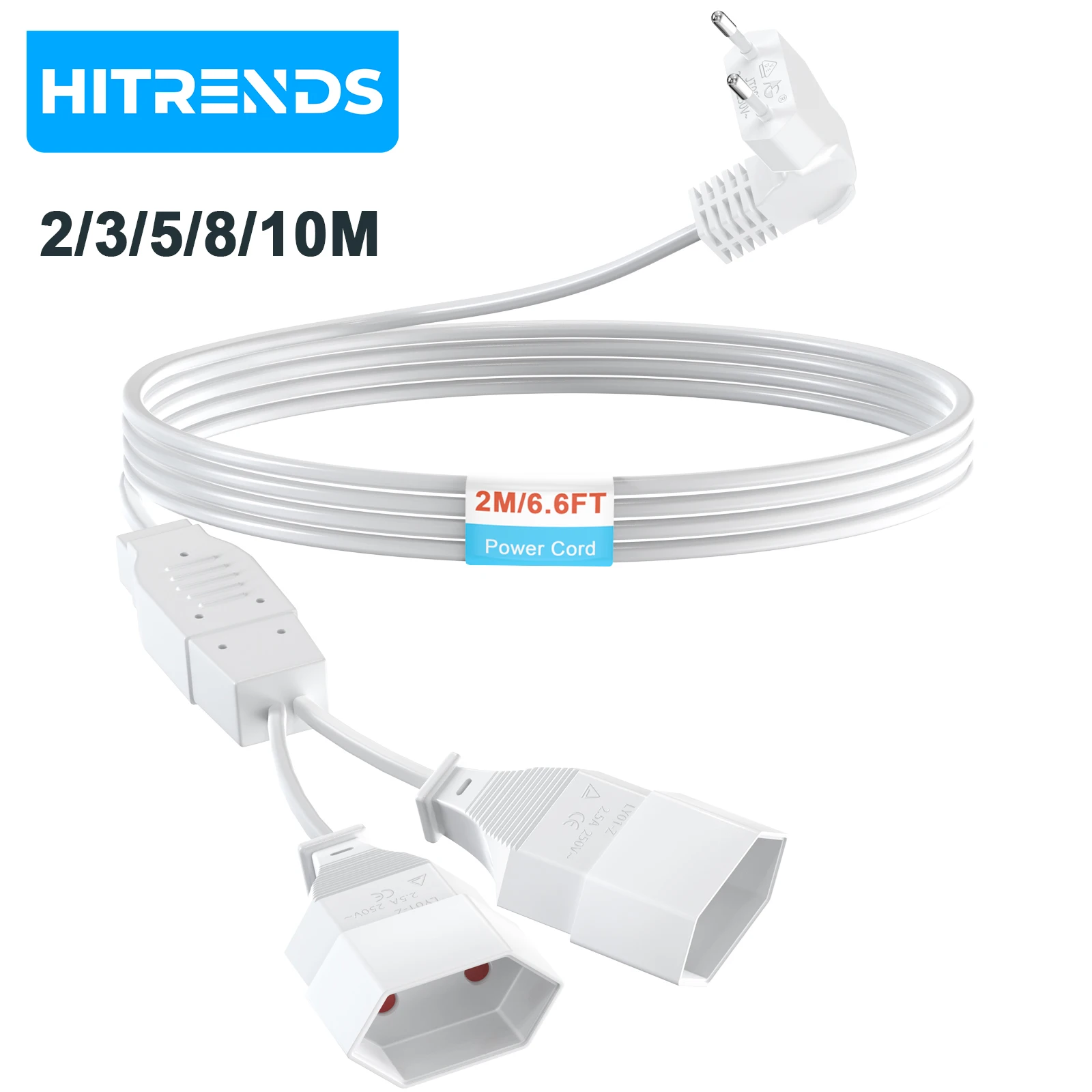 

HITRENDS EU Extension Cord 2/3/5/8/10meters Power Cable 1 to 2 Ways Outlets, 2-prong Male Plug to Female Socket 2.5 A/250 V