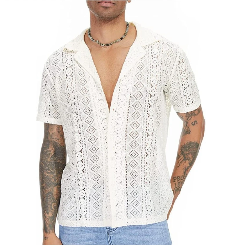 See-through Men Shirt Summer Top Hollow Out Lapel Cardigan Short Sleeves Daily Wear Loose Breathable Men T-shirt Men Clothes