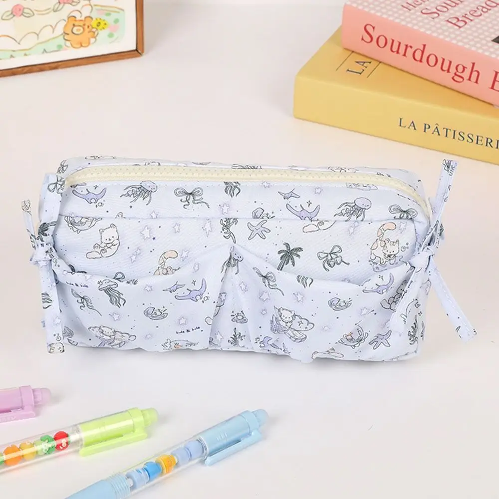 Durable Kitten Bowknot Pen Bag Large Capacity Multifunctional Stationery Bag Multilayer Stationery Storing Bag Students