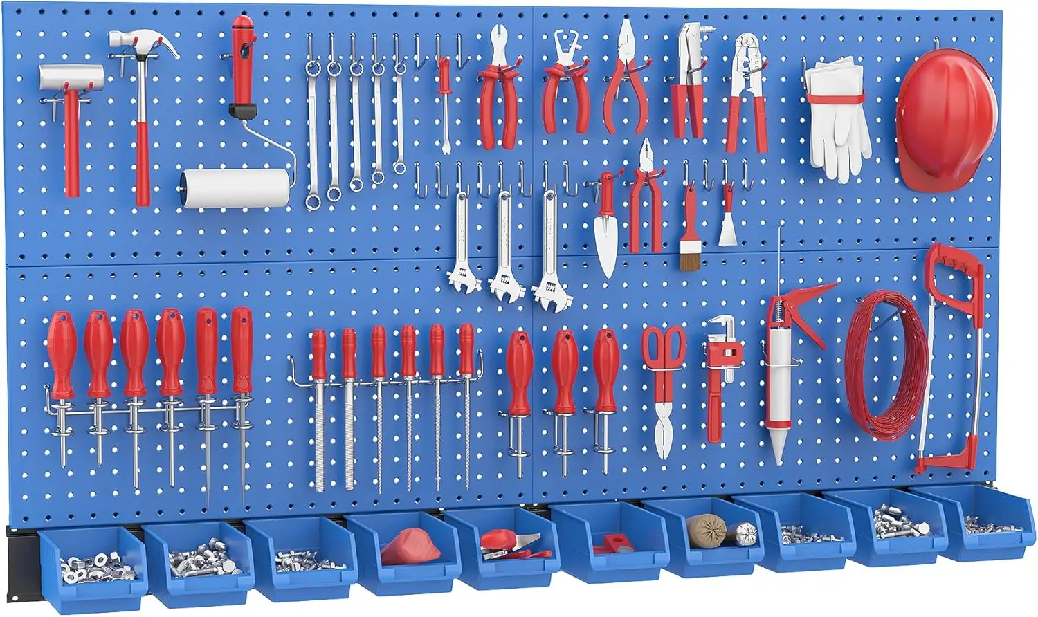 

Blue Metal Pegboard Wall Organizer, 59pcs Garage Storage System with Hooks & Bins