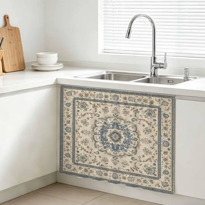 VIKAMA Vintage Mandala Floral No Drill Cabinet Curtain Hook Loop Under Sink Skirt Open Shelf Kitchen Decor Curtain