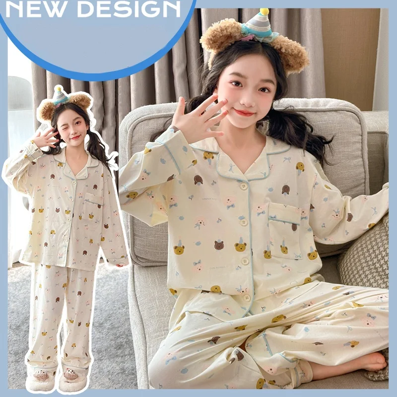 

Baby Girls PJ Top+Bottom Sleepwear Sets Kids Bear Pajamas Suit Child Long Sleeves+Long Pants Set Princess Nightgowns Size 4-14Y