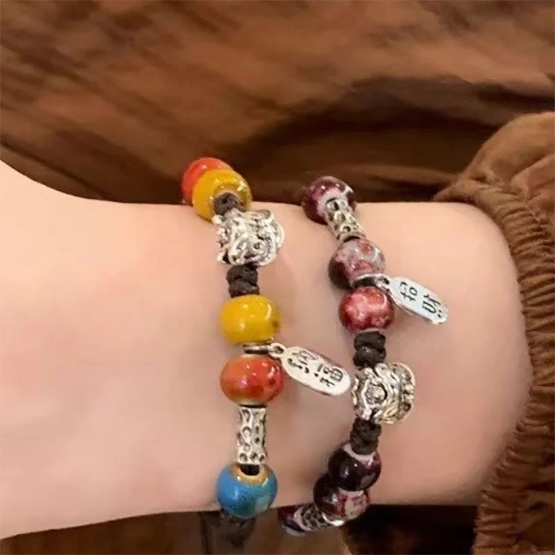 National Wind  Handmade Traditional Colored Glaze Ceramic Bracelets Beads Folk Style Women Fashion Telescopic hand rope Jewelry