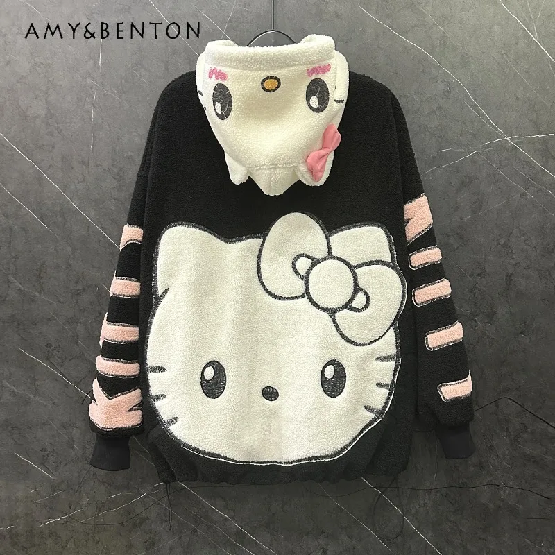 

2025 Autumn Winter New Sweet Age-Reducing Cartoon Hooded Sweatshirt For Women's Loose Casual Zipper Top Hoodies Jacket Y2k Coat