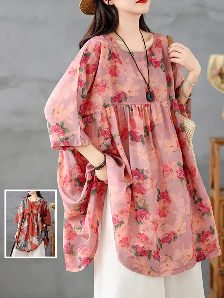 

Faionable Mom Linen Print Midi irt, женский круглый топ большого размера с цветочным узором, скрывающий мясо, летний сезон