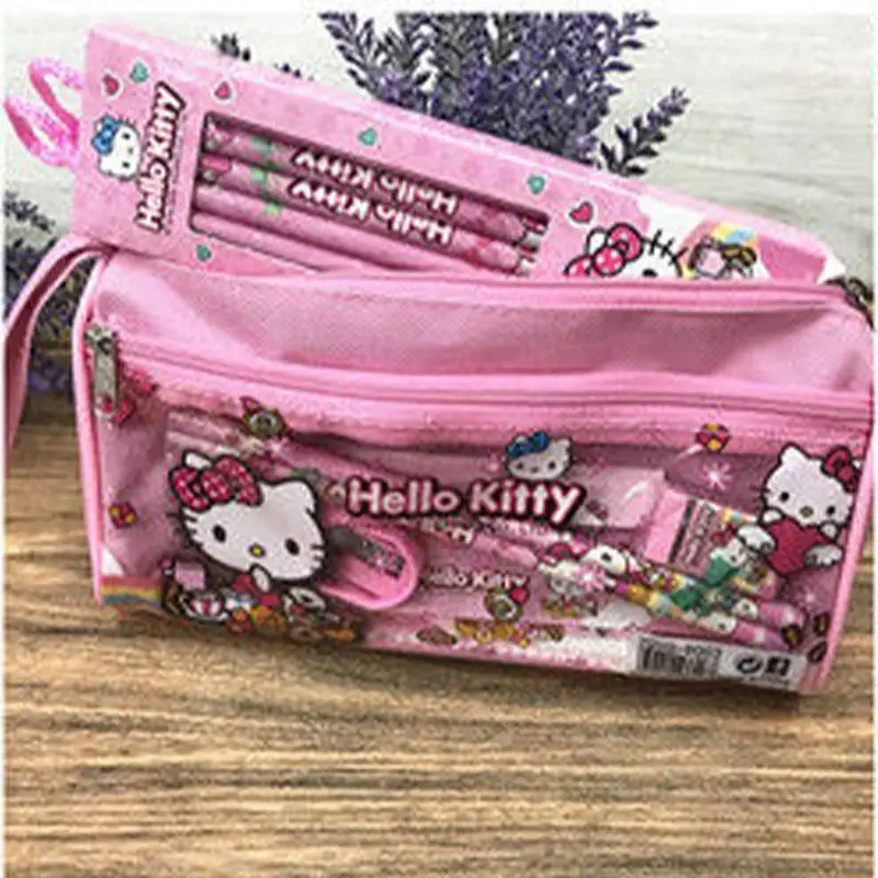 Kawaii Anime Figure Hello Kittys Stationary Set Student School Supplies Notebook Pencil Case Pencil Eraser Child Gift Birthday