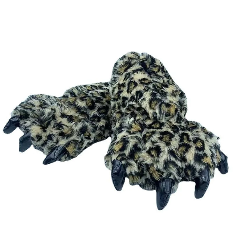 New Funny Cartoon Leopard Print Claws Warm Plush Autumn and Winter Men's and Women's Home Indoor Slippers