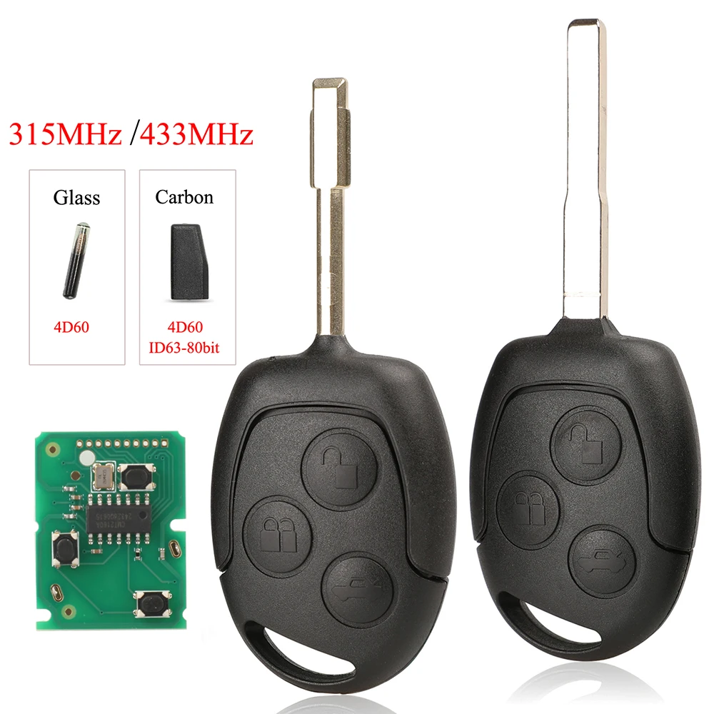 Jingyuqin 3 Tecla del control remoto botón/315/433 Mhz para Ford Fiesta fusión C-Max Mondeo Galaxy C-Max S-Max con ID60 4D63 Chip