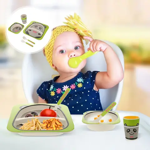 5Pcs Toddler Dining Set Bamboo Plate Bowl Cup Fork and Spoon Kit Birthday Gift kids dining set children dining set