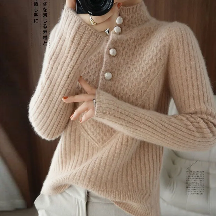 Striped Half High Collar Women Cashmere Sweater Fashion Thicken Warm Casual Sweater 2023 New Autumn Winter Bottom Knit Sweater