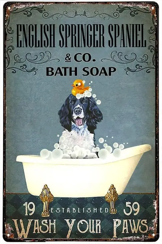 Retro Metal Tin Sign English Springer Spaniel Co Bath Soap Wash Your Paws Posters Tin Sign Metal Art Holiday Decoration Out sign