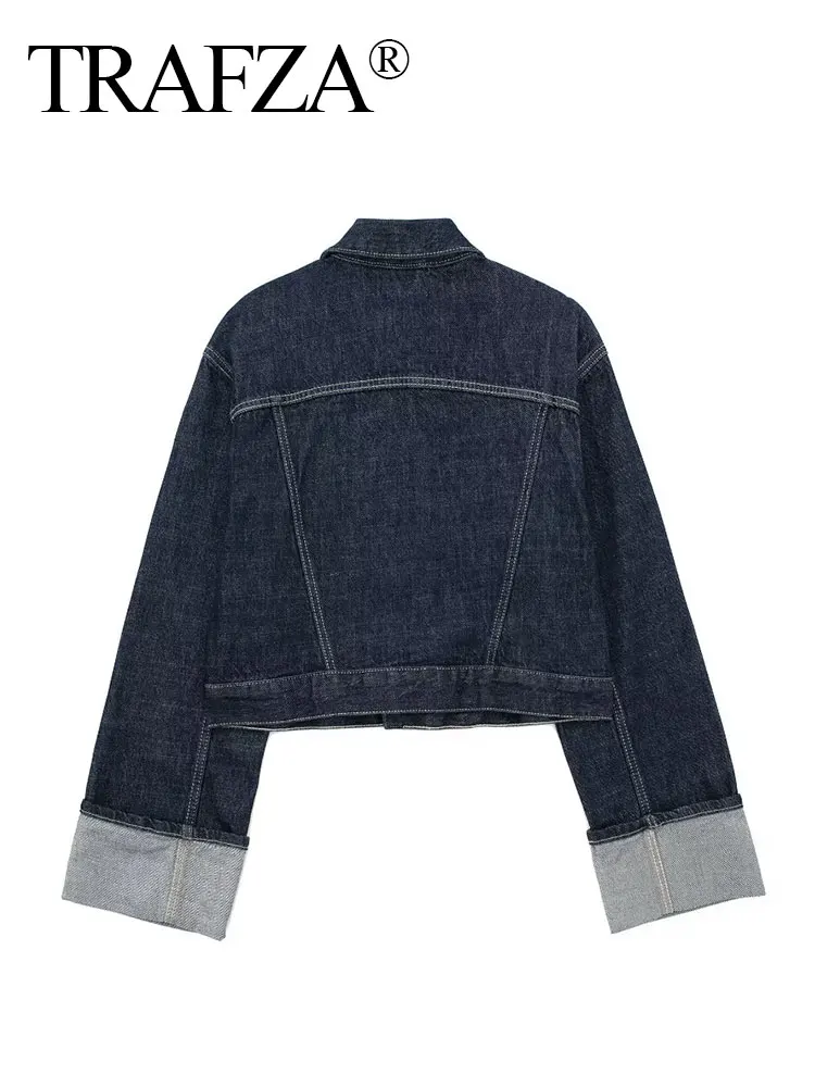 TRAFZA Denim Jacket For Women Fashion Long Sleeve Single Breasted Coats Vintage Female High Street Dark Blue Denim Outwear Top