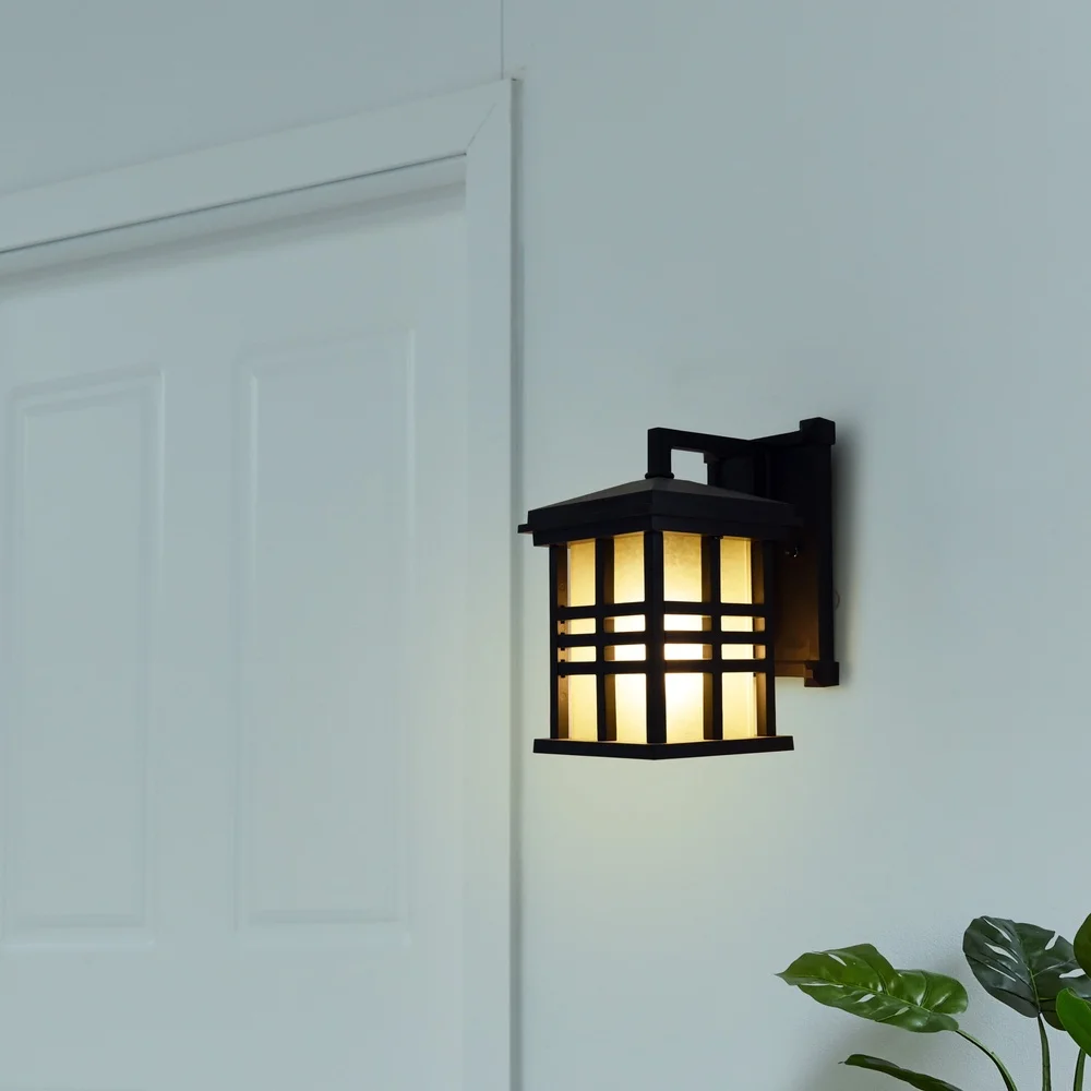 2 Pack 9.8 Inch Outdoor Wall Light Fixture Metal Stained Glass Shade 800 Lumen LED Bulb Weather Resistant Easy Install