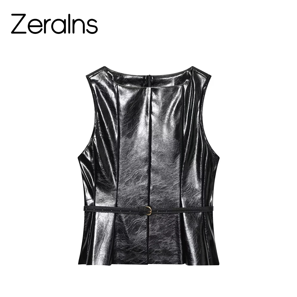 

ZERAINS 25 Early Autumn New Slimming Belt Decorative Imitation Leather Effect One Collar Sleeveless Tank Top