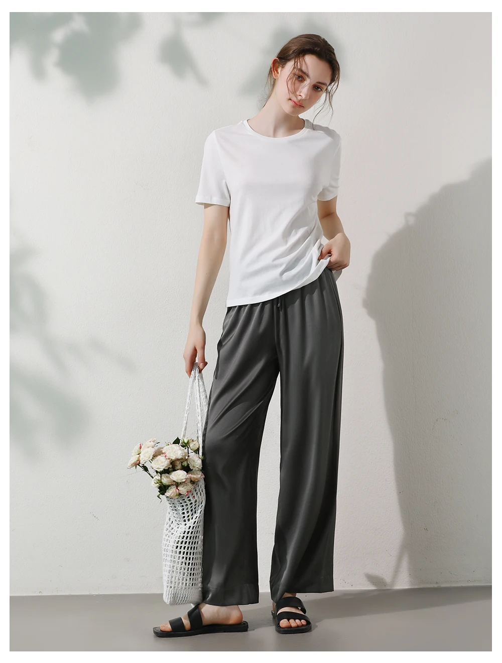 BirdTree, 92%Natural Silk Elegant Wide Leg Pants, Women Mid Waist Jacquard, Retro Loose OL Suit Trouser, 2024 Summer B45585QM