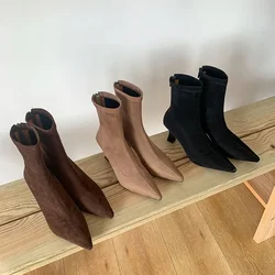 Botines Vintage para mujer, zapatos de punta estrecha a la moda, botines cortos ajustados elásticos elegantes de tacón alto para otoño e invierno