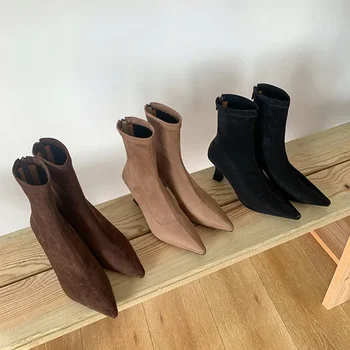 Botas de tornozelo femininas vintage moda apontou toe sapatos outono inverno salto alto senhoras elegante estiramento fino botas curtas