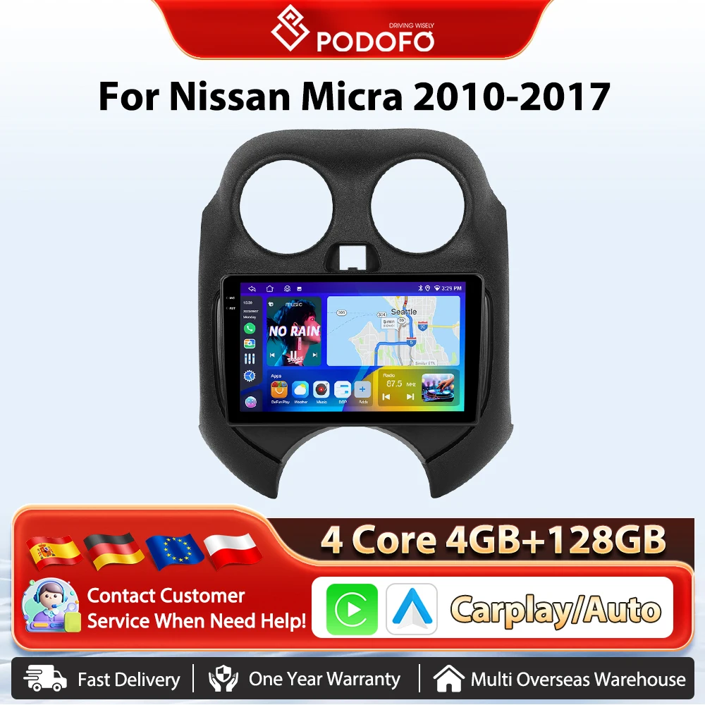Autoradio Podofo da 9 pollici con Carplay wireless e Android Auto per Nissan Micra 2010-2017, sistemi intelligenti per auto, navigazione GPS, BT, FM/RDS, autoradio 2din, unità principale Plug&Play,