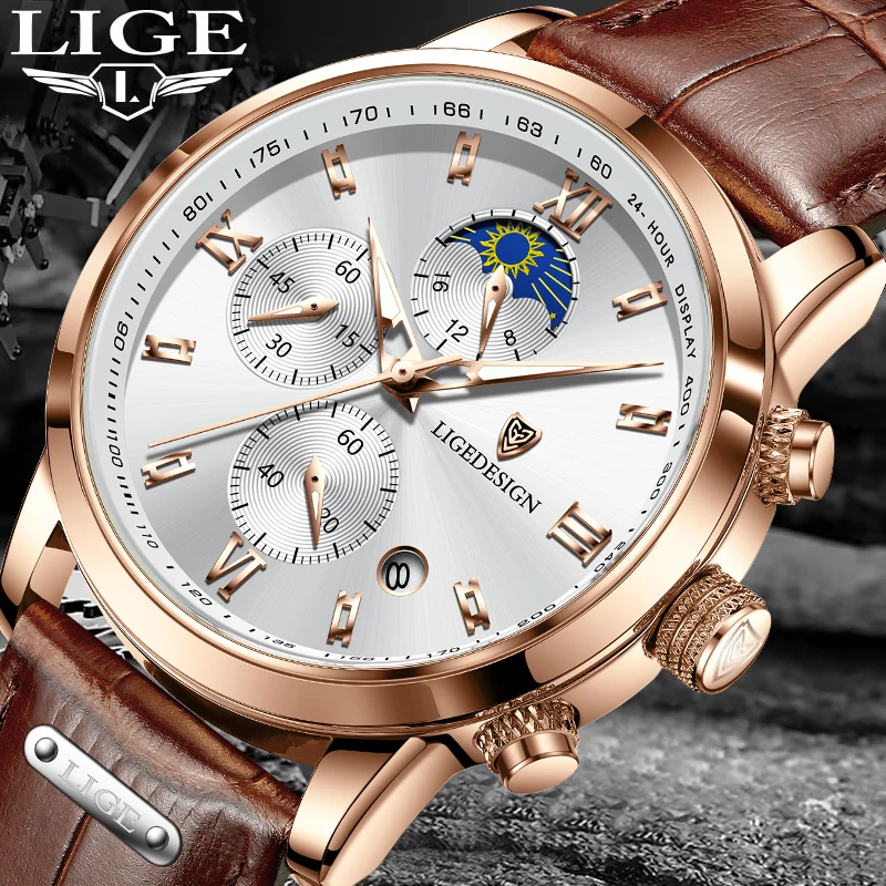 LIGE Business Watch Men Fashion Leather Military Waterproof Men's Quartz Wristwatches Casual Sports 24 Hour Moon Phase Watch Men