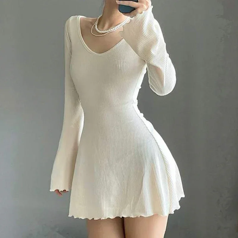 

Knitting Elegant Dress For Women Spring Fall Solid Color V Neck Office Lady Irregular Hem Simple Basic Slim Dresses