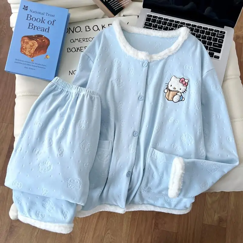 

Комплект пижамы Sanrio Hello Kitty с длинными рукавами, флисовый кардиган для женщин, для дома и улицы, теплый, удобный, милый, для зимы и осени, ночная одежда