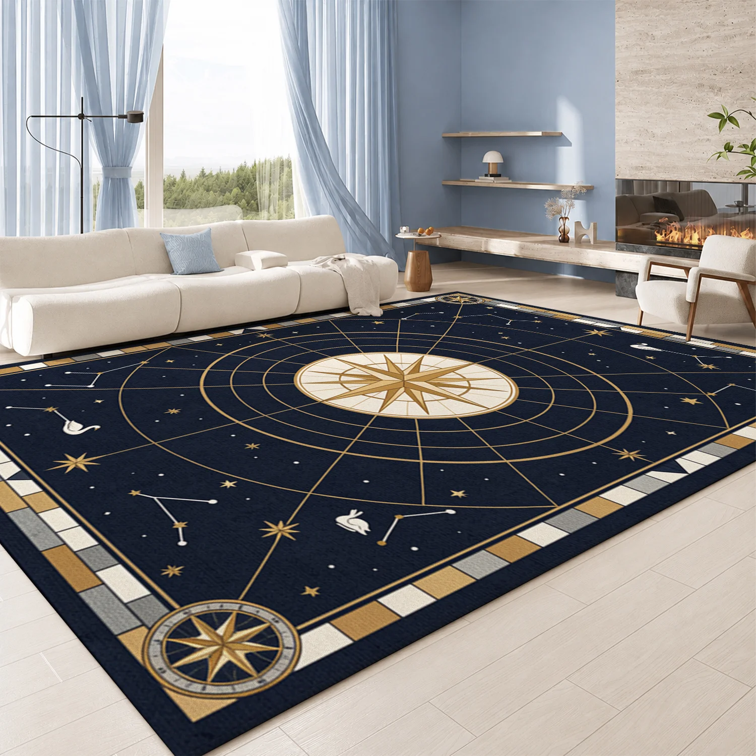 Celestial Constellation Compass Star Pattern Velvet Area Rug, Machine Washable Soft Plush Floor Rug for Living Room, Bedroom, Entryway, Ideal for Halloween, Thanksgiving, Christmas, New Year, Black Friday, Cyber Monday Decor