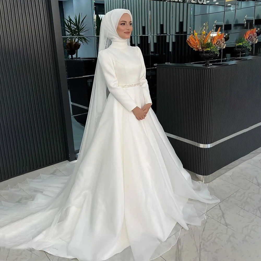 

Modest Muslim Wedding Dresses for Bride High Neck Long Sleeves Sweep Train Beading Belt Hijab Women Ivory Bridal Gown Customized