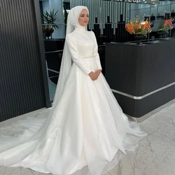 Modest Muslim Wedding Dresses for Bride High Neck Long Sleeves Sweep Train Beading Belt Hijab Women Ivory Bridal Gown Customized