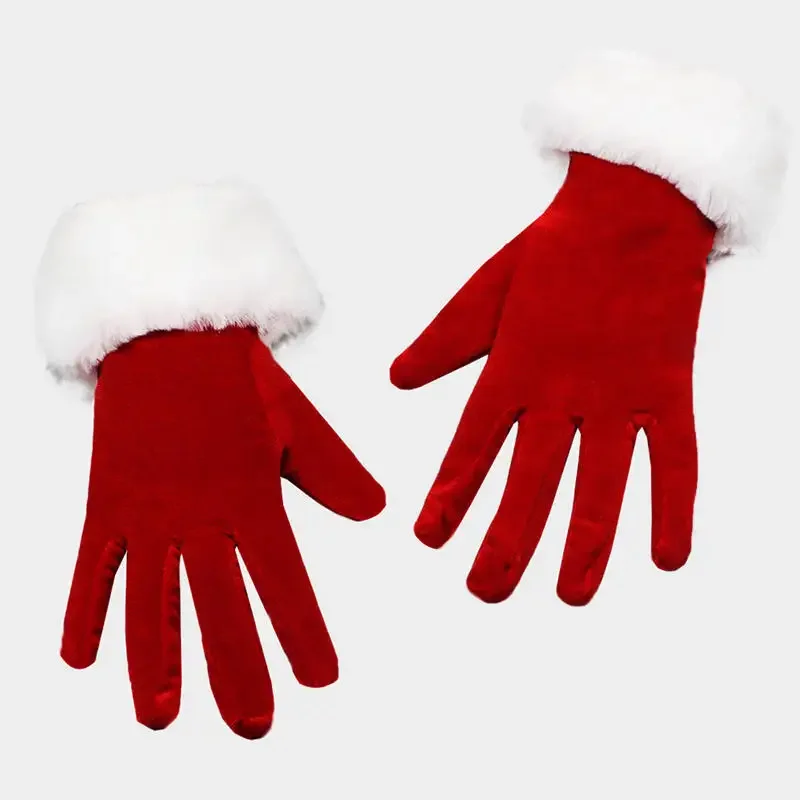 サンタクロース手袋白い毛皮仮装パーティーショートレッドサンタフルフィンガーグローブクリスマスお祝いコスチュームアクセサリーミトン