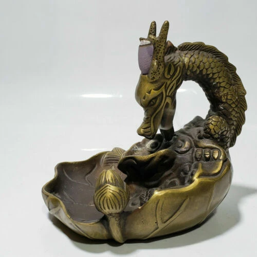 

China old Antique brass Hand carved lucky Dragon statue incense burner