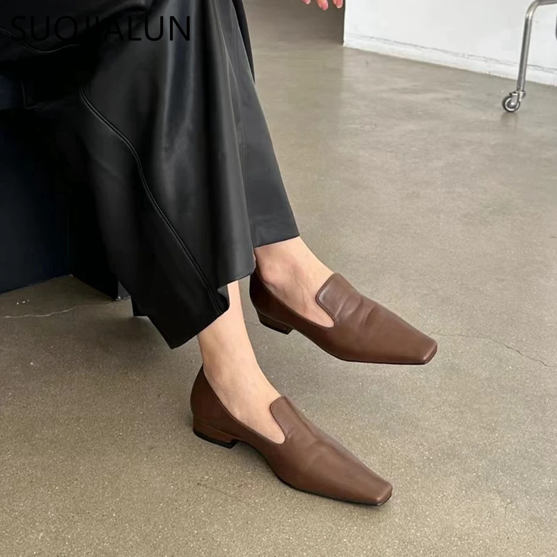 SUOJIALUN 2024 Spring New Brand Women Flat Shoes Fashion Square Toe Slip On Laofer Shoes Ladies Casual Outdoor Dress Single Shoe