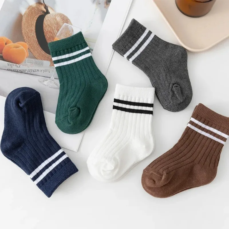 Bellbell Spring Autumn Baby Crew Sock Children Striped Short Sock White Elementary Student Sock Infant Boy Ribbed Sock 0-5Y Sock