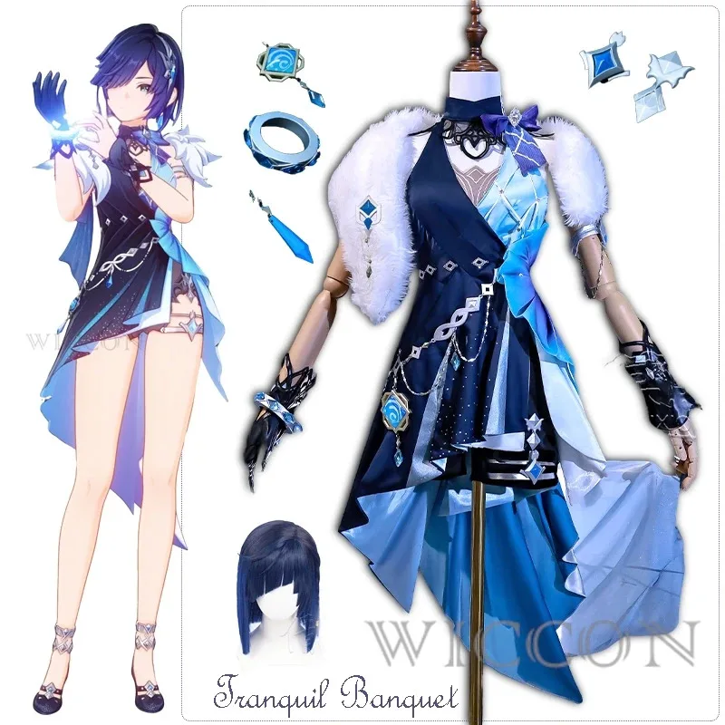 옐란 원신 임팩트 옐란 코스프레 스킨 트랜퀼 뱅큇 의상 가발 게임 할로윈 파티 여성 하이힐 섹시 슈트 의류