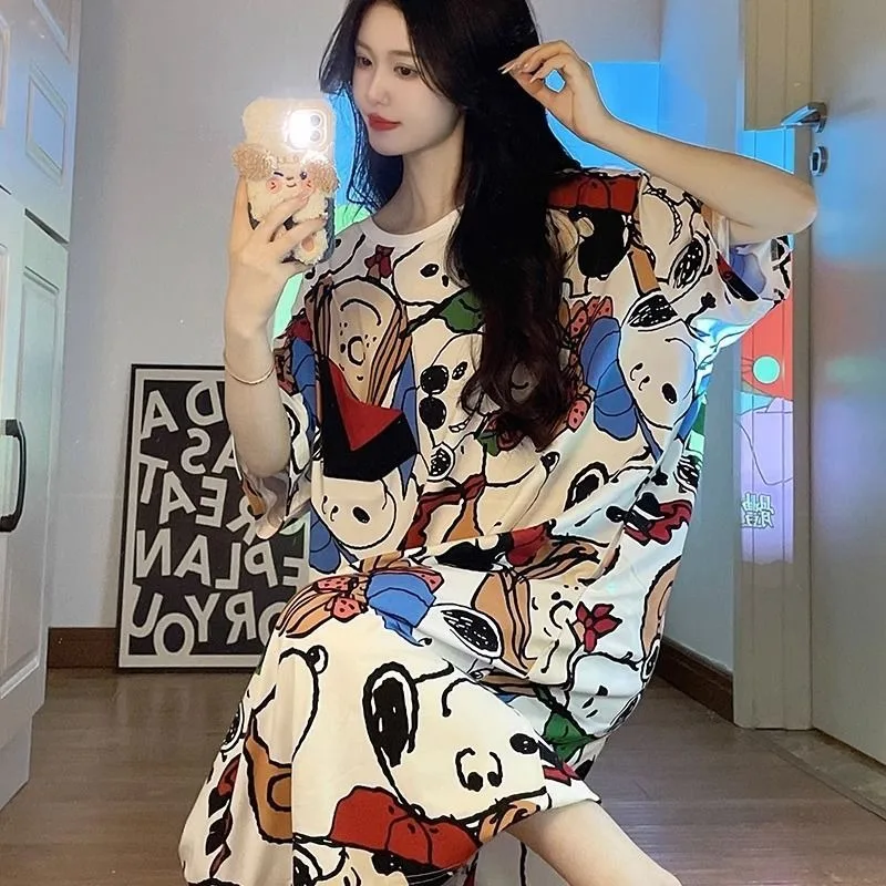 Snoopy nightgown women\'s dress summer cute cartoon pajamas mid-length loose summer short-sleeved casual home wear birthday gift