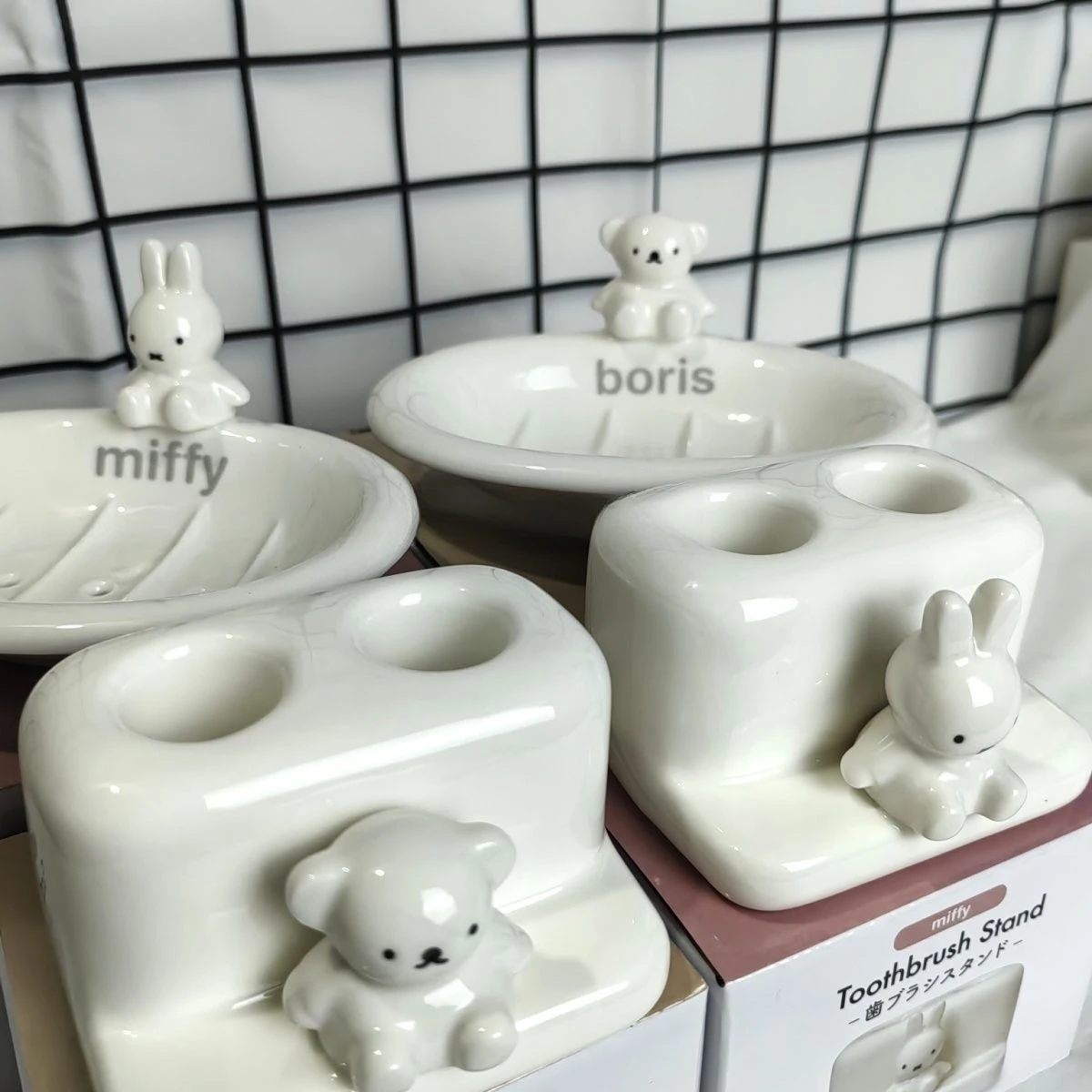 Miffy Toothbrush Holder Soap Dish Cartoon Cute Household Use Ceramic Toothbrush Soap Dish Drain Storage Rack Daily Necessities