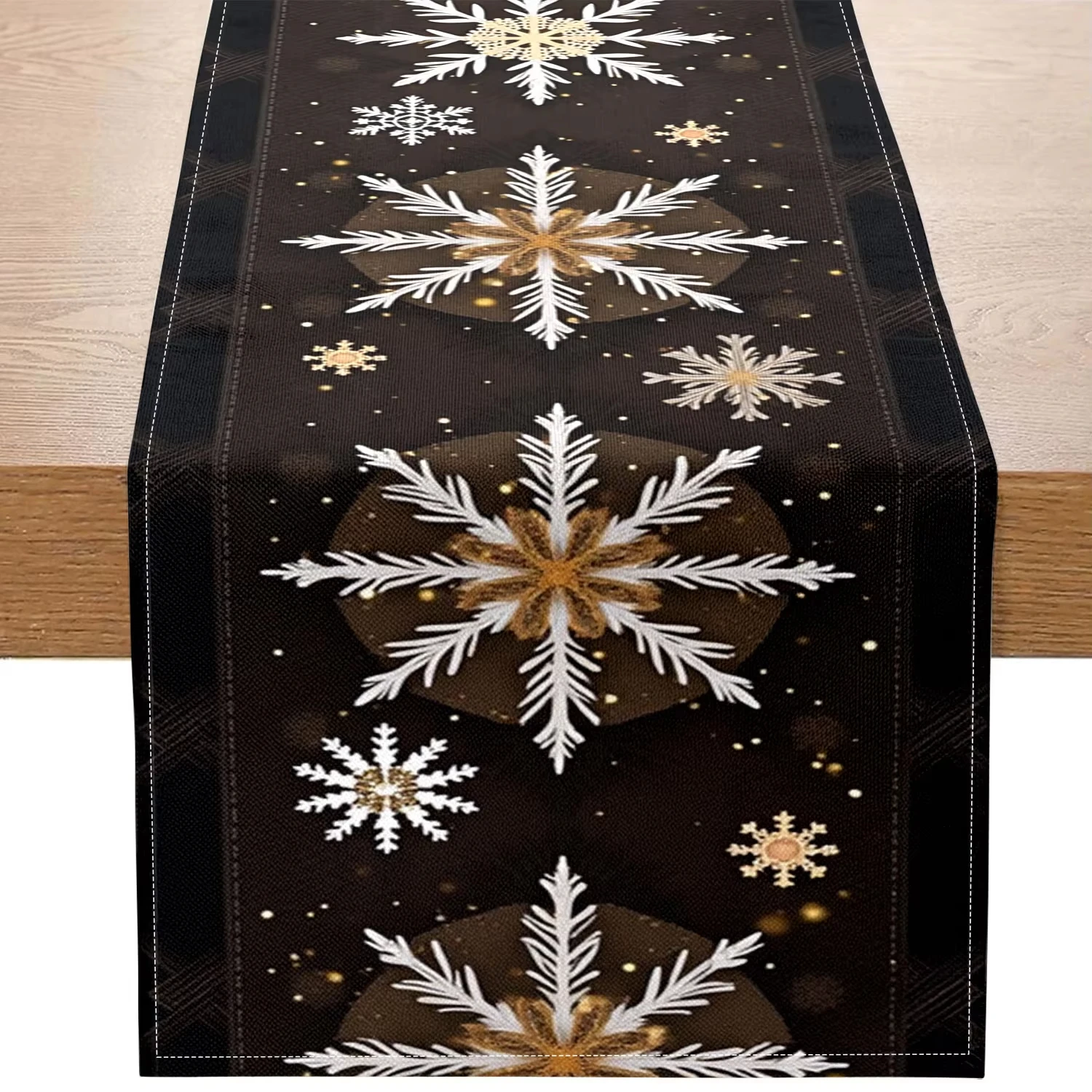 

Table Runner 1 Piece Winter Snowflake - Gold & White Snowflakes "Let It Snow" Print for Christmas & Winter Parties