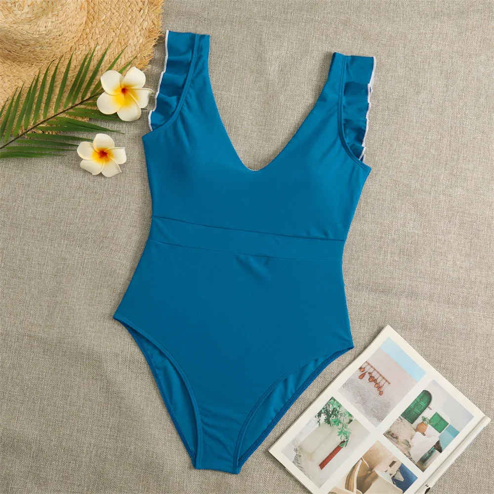 Maillot de bain une pièce patchwork à volants pour femme, monokini brésilien, vêtements de plage, maillots de bain trempés, joli bikini, bordure dos nu, Y2K