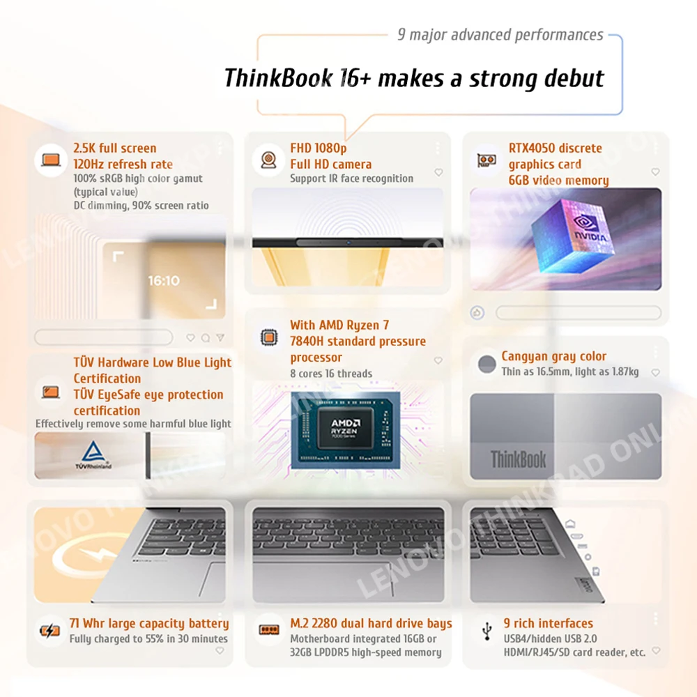 كمبيوتر محمول Lenovo ThinkBook 16+ AMD Ryzen7 7840H RTX4050 16GB/32GB RAM 1T SSD 16 بوصة 2.5K 120 هرتز شاشة كمبيوتر محمول