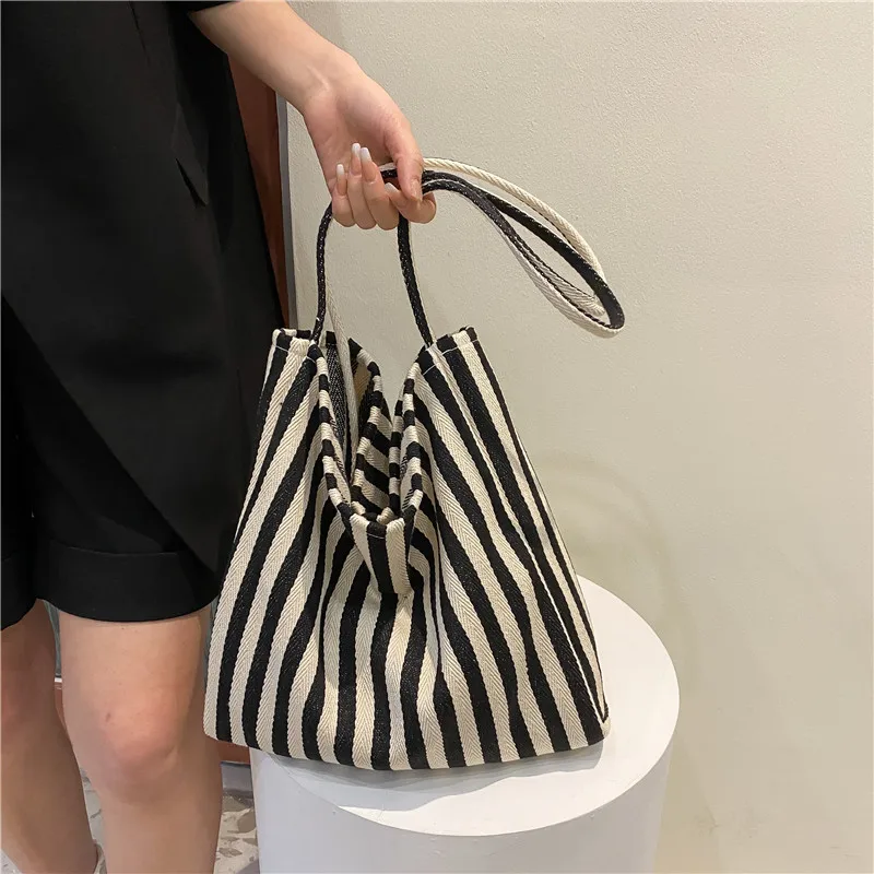 Women Shoulder Bags Portable Large Capacity Shopping Canvas Bag Underarm Simple Striped Totes Ins Korean Ulzzang Handbag Female