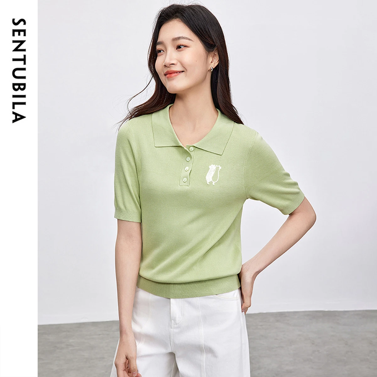 SENTUBILA Knitted Womens Polo Neck T-shirt 2025 Spring Summer Embroidery Straight Solid Fashion Short Sleeve Tops W52H80021