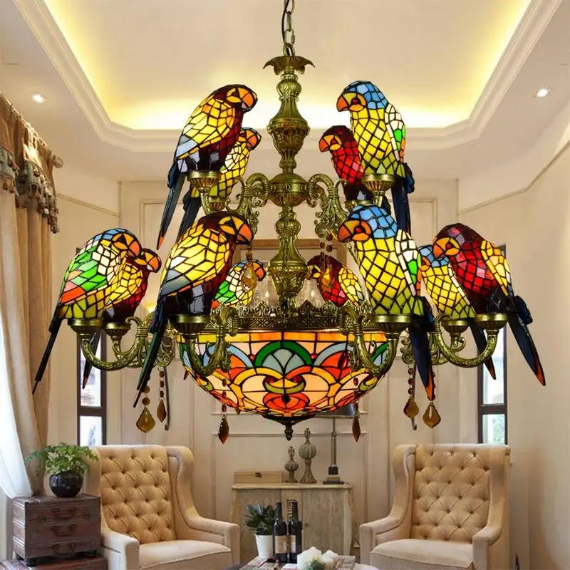 European Style Stained Glass Restoring Ancient Hanging Pendant Lamp Turkish Style Birds Glass Pendant Light