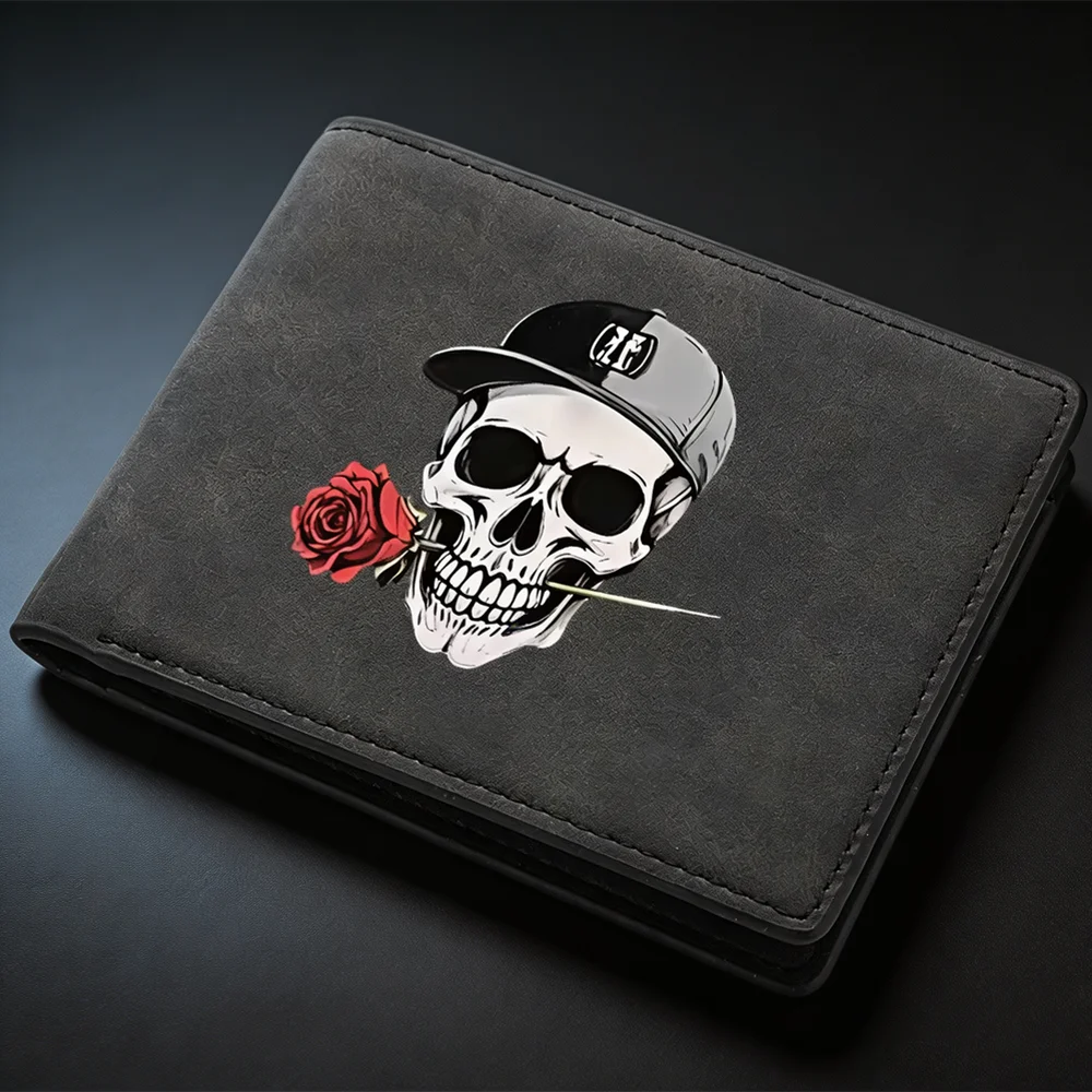 Punk Skull Cap with Red Rose Print Thin Credit Card Holder for Double-Fold Wallet - Men's Gift